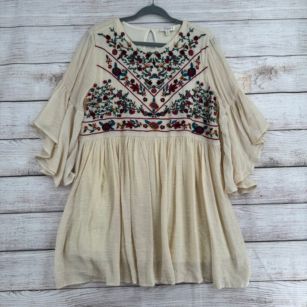 Umgee USA Floral Embroidered Mini Dress‎ Womens XL Cream Green Blue Red Lined